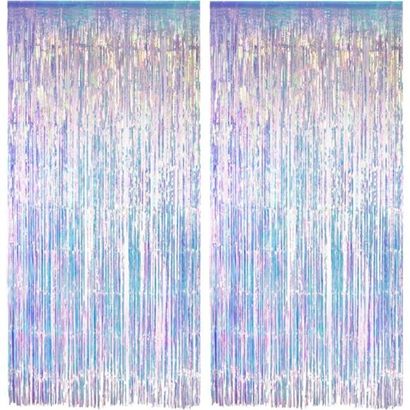 Iridescent Foil Party Streamers Backdrop 2 Pack Holographic Fringe Curtain Decor - Picture 1 of 7